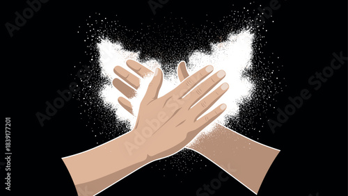 Chalk-dusted hands clapping on black background in flat design