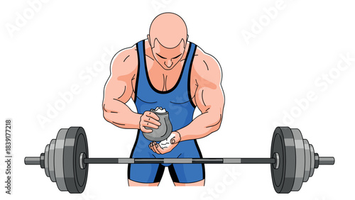 Bodybuilder preparing for deadlift with chalk: fitness and strength concept