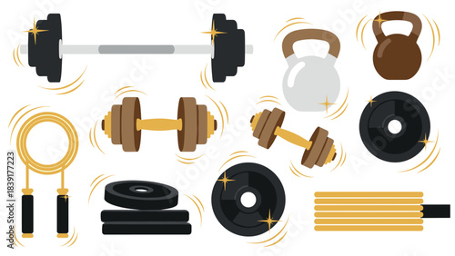 Flat style fitness equipment icons set featuring dumbbells and kettlebells for gym workouts