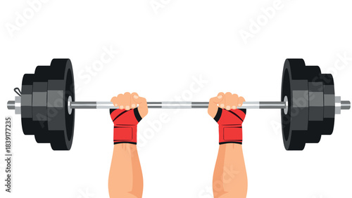 Hands holding barbell with red gloves for fitness training
