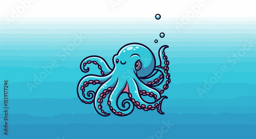 Happy cartoon octopus swimming underwater with bubbles and smiling face.