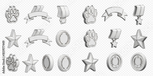 Set of 3D white cartoon awards including paw prints, ribbons, stars, and medals for achievement.