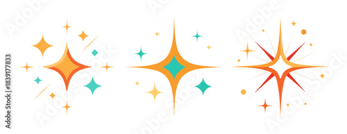 Vibrant sparkle and shine effect icons set on white background