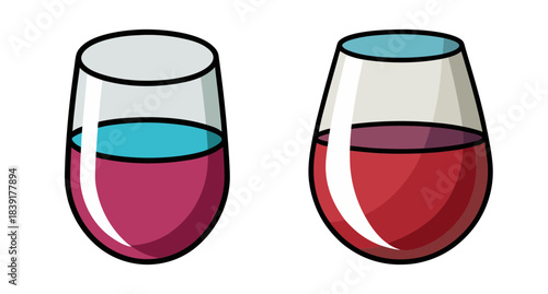 Stylized cartoon stemless wine glasses with colorful drinks