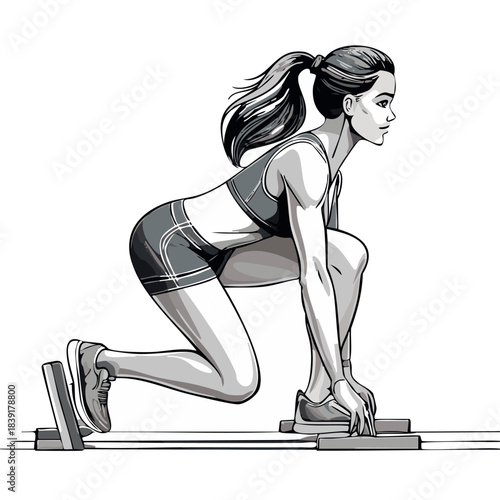 White background, Hergé style, a black and white draw side view of woman in shorts and sneakers in the starting blocks for an athletics race