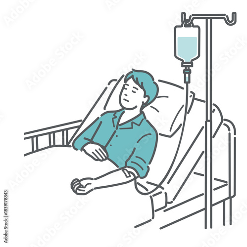 入院して点滴を受ける男性患者のイラスト（安静・治療）