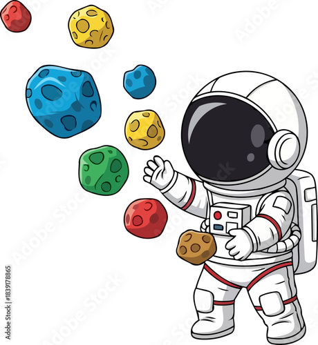 zerog playdate an astronauts fun encounter with floating, colorful celestial bodies, isolated on transparent background
