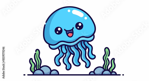 Adorable cartoon jellyfish with a happy expression floating in the ocean, smiling and cute.