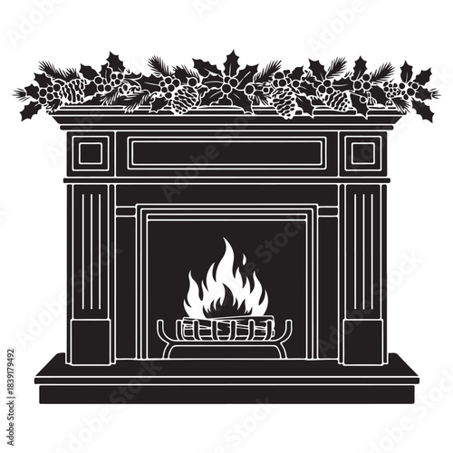 Black and white of a fireplace with a fire burning and a holiday mantel christmas