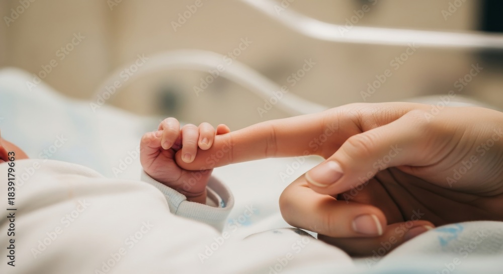 Fototapeta premium Newborn baby holding parent's finger in a medical setting, showing the bond in hospital.
