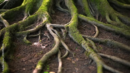 Moss-Covered Tree Roots Spreading Across Forest Ground in Lush, Green Woodland