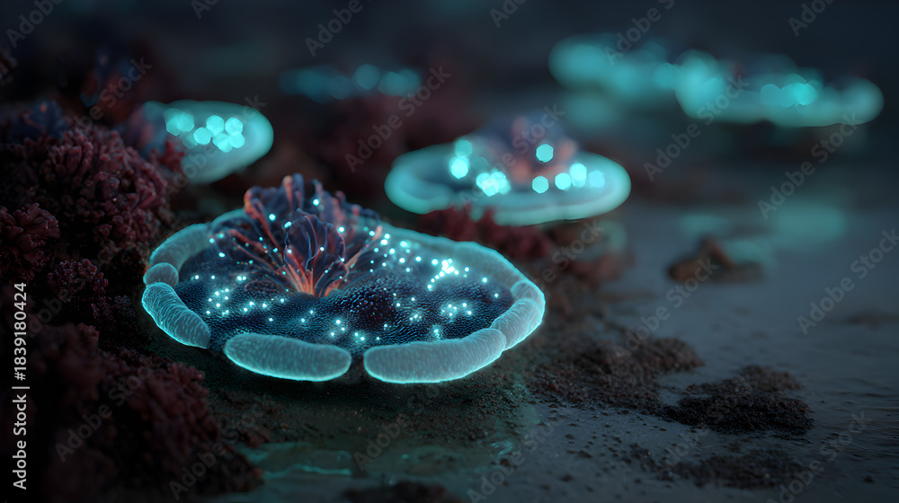 Fototapeta premium Close-up of Fictional Bioluminescent Micro Organisms or Fungi