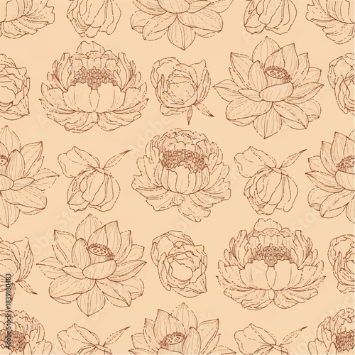 Delicate Floral Pattern - Hand-Drawn Lotus and Peony Bloom Sketch on Beige Background