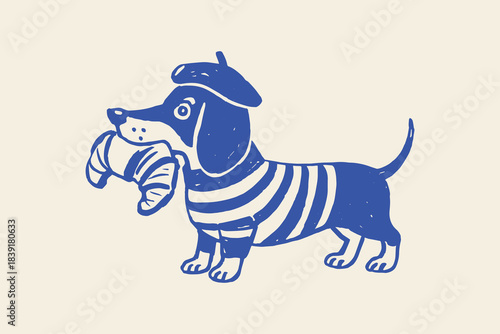 French dachshund with croissant in striped sweater vector illustration