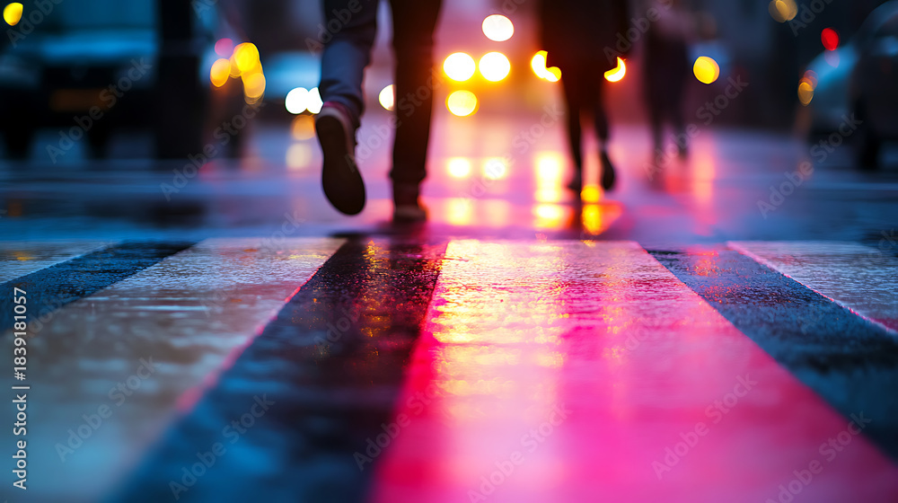 Fototapeta premium Rainy city walk: People traverse a glowing crosswalk at night, vibrant colors reflecting on the wet pavement, creating an urban scene alive with movement and light.