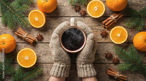 Hands in wool mittens holding steaming mug on rustic table with oranges, spices and fir branches, cozy winter holiday flat lay, generative AI