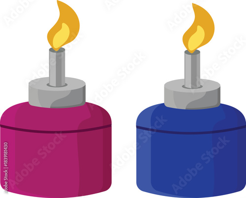 Two vibrantly colored traditional oil lamps, or pelita, illustrated with glowing flames, symbolizing unity, warmth, and cultural celebrations, perfect for festive Malaysian or Hari Raya themes.