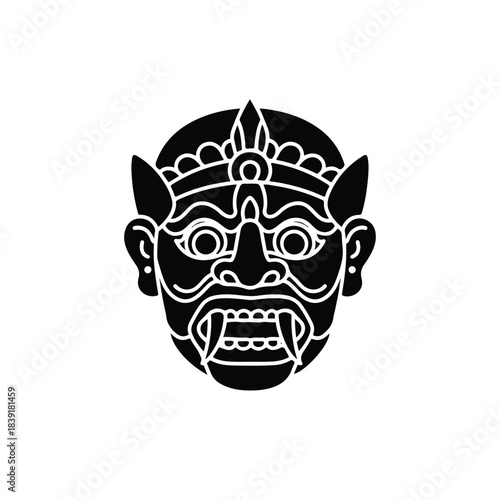 Powerful vector graphic illustration depicting a stylized traditional mythological guardian mask with sharp fangs and an ornate crown, symbolizing ancient cultural strength and mystique