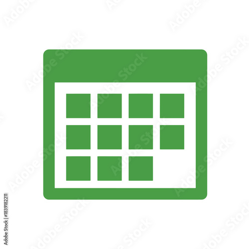 Flat green spreadsheet icon for data management and finance software.