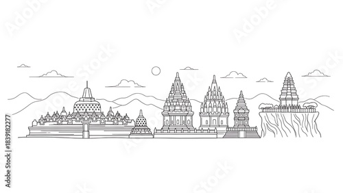 Hand Drawn Sketch of Indonesian Temples and Landmarks.