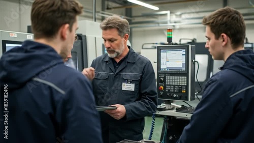 Experienced instructor guiding young apprentices in an industrial setting, demonstrating technical skills on advanced machinery