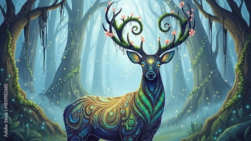 Mystical Forest Deer with Ornate Antlers and Vibrant Patterns.
