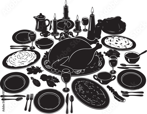 Black and white of a thanksgiving dinner table with turkey and food