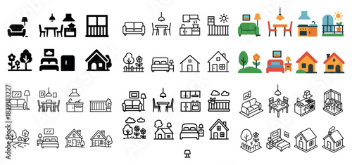 Home and furniture icon set in various styles
