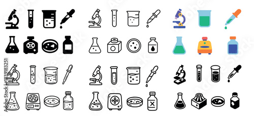 Science lab equipment icons set in various styles