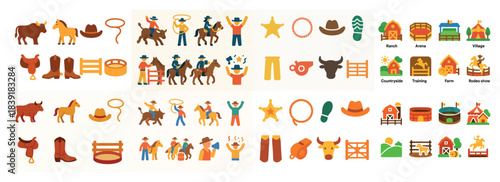 Colorful rodeo icons and cowboy elements collection