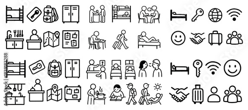 Hostel amenities icons: bed, key, wifi, groups
