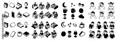 Monochrome sleep and study icons collection