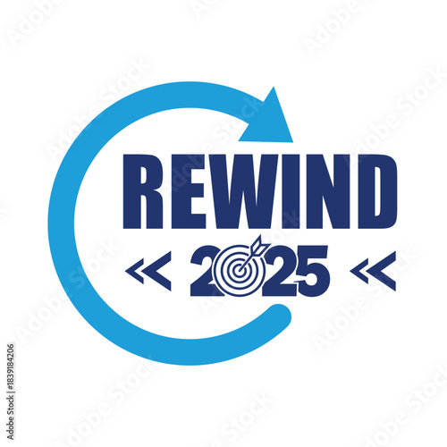 Bold “2025 REWIND” logo with modern blue typography and a dynamic circular arrow, ideal for annual report cover, year in review presentation, business summary, marketing recap and corporate branding.