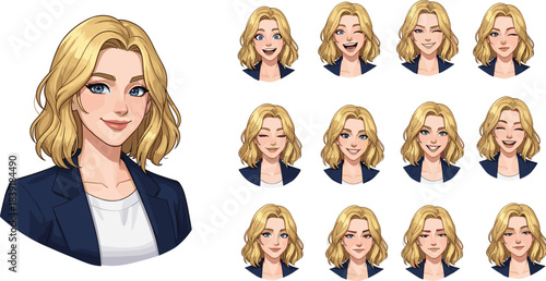 Blonde woman face avatar set, various emotional expressions, winking, smiling, confident, flirtatious, curious, and neutral facial expression cartoon illustration.