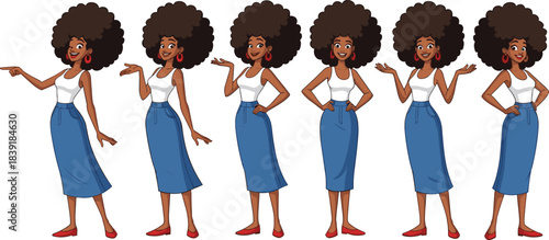 African American woman cartoon character vector set, black woman with afro, various standing and presenting poses, casual wear, and fashion illustration.