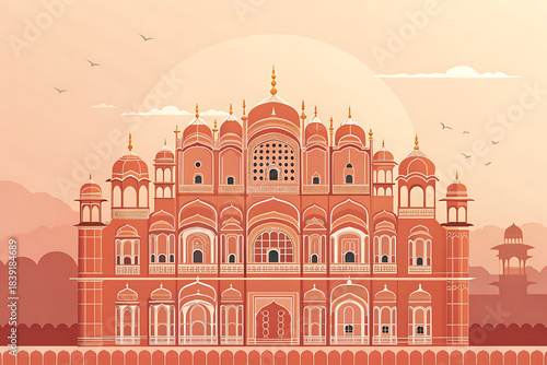 Hawa Mahal flat vector with warm orange-pink gradient tones,