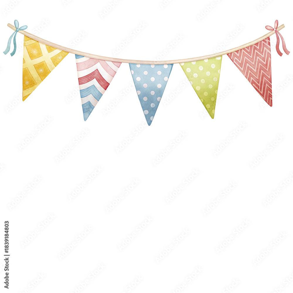 Fototapeta premium Watercolor circus bunting banner with colorful patterned flags for festive carnival designs