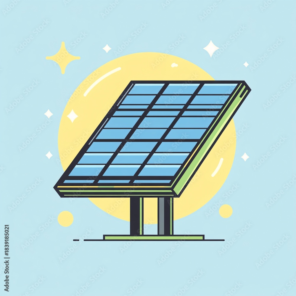 Obraz premium Stylized Vector Illustration of Solar Panel with Sun and Sparkles on Blue Background