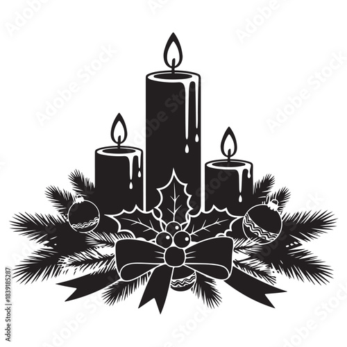Black and white of three candles surrounded by christmas decorations holiday