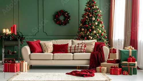 Cozy Living Room Decorated for Christmas with Tree, Sofa, and Presents.