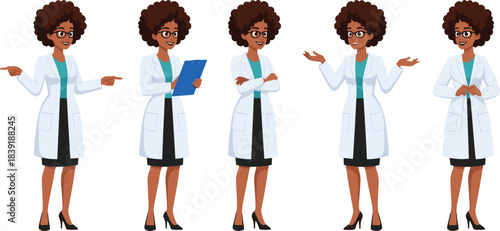 Female scientist or doctor character vector set, black woman in lab coat, medical professional in various poses, physician, and research illustration.