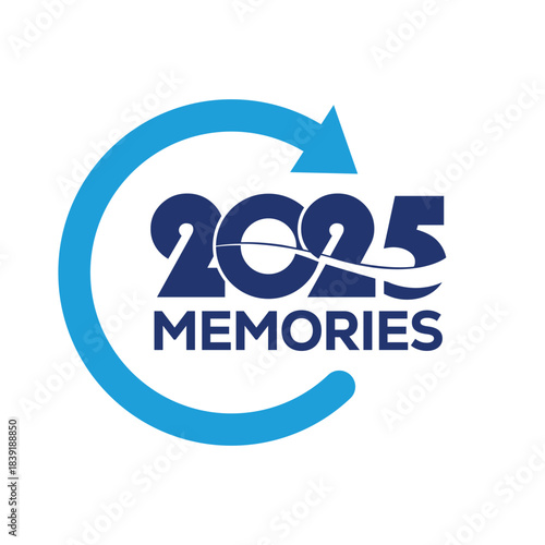 Playful “Memories 2025” logo with bold blue lettering, sparkling decorative stars and a dynamic circular arrow, ideal for new year events, photo albums, scrapbooks, celebration branding and marketing.