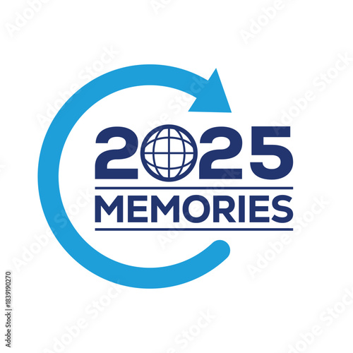 Playful “Memories 2025” logo with bold blue lettering, sparkling decorative stars and a dynamic circular arrow, ideal for new year events, photo albums, scrapbooks, celebration branding and marketing.
