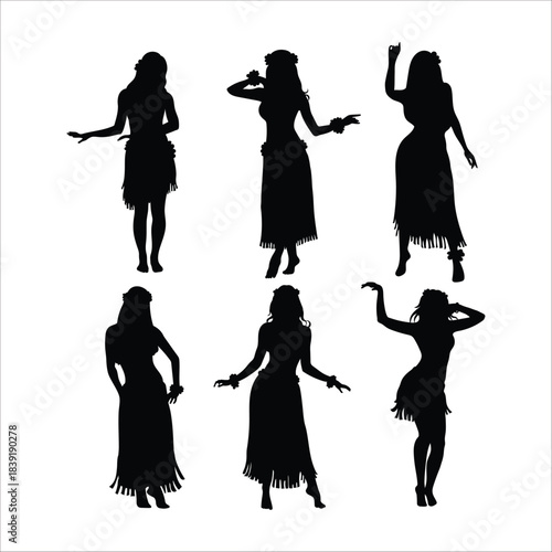 Hula dancers silhouettes six figures with leis and skirts dancing gracefully