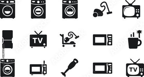 Essential Household Appliances and Electronic Devices Silhouettes Collection Including Washing Machines, Television Sets, Microwaves, Vacuum Cleaners, and Blenders Isolated 