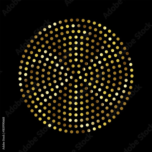 An abstract circular pattern of golden dots on a black background. An elegant, glittering composition for backdrops, covers, posters, event design, and digital designs. Modern, minimalist style.