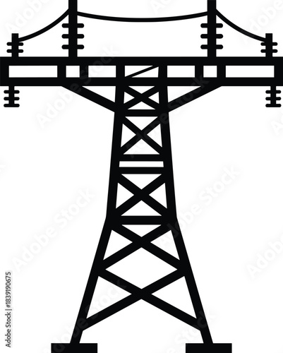 High-Voltage Electricity Pylon Icon: Transmission Tower Silhouette Symbolizing Power Grid Infrastructure, Energy Supply, Sustainable Utility, and Modern Industrial