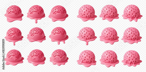 Set of delicious pink strawberry ice cream scoops with melting drips.