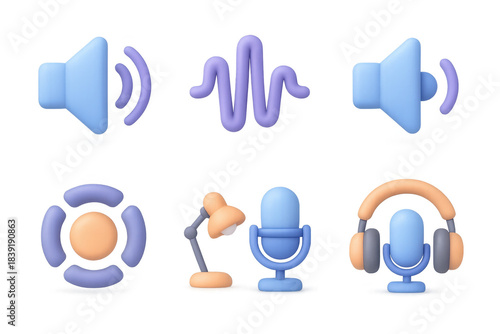 Neon audio icon set featuring speakers, waveform, microphone, headphones, and music lamp for digital design