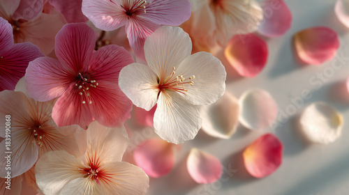 Wallpaper Mural Delicate pink and cream flowers with soft petals lie among scattered petals, forming a dreamy and romantic composition.
 Torontodigital.ca
